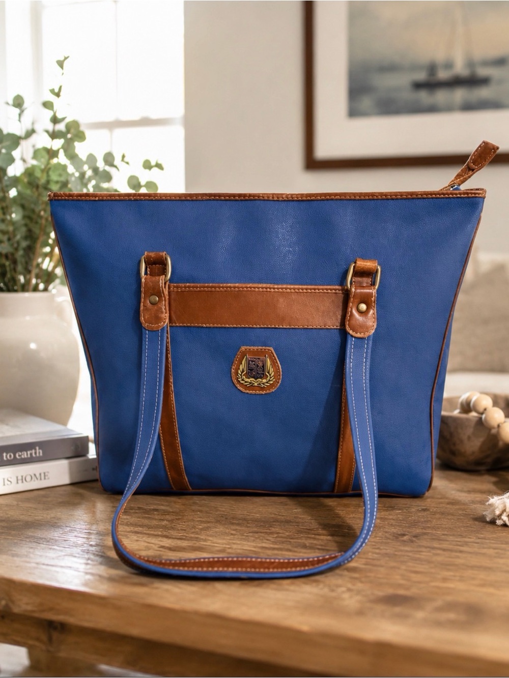 Vintage Lancel Paris Blue and Brown Women's Tote Bag - Classic Everyday Carry